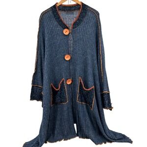 Oversized Knit Duster Cardigan Blue Orange Button Front Lagenlook Artwear